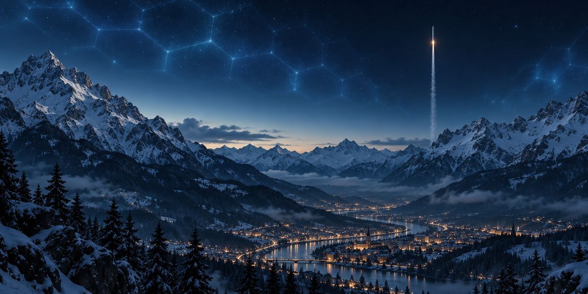Illustration: Nachthimmel über einem Alpental mit Lichtern, ein Raketenstart zieht eine Leuchtspur, darüber ein sanft schimmerndes Wabengitter