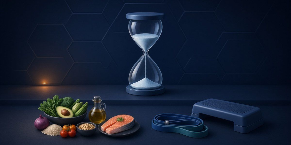 Illustration: ein gedeckter Tisch mit Gemüse, Fisch und Vollkorn neben einem Paar Gummibändern und einer kleinen Treppenstufe, darüber eine verlangsamte Sanduhr