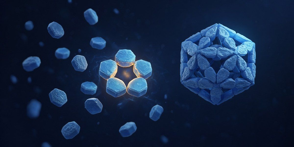 Illustration: Proteinbausteine schweben im Dunkeln und fügen sich zu einer geschlossenen geometrischen Virushülle, ein Fünfeck-Ring leuchtet als erstes stabiles Teil
