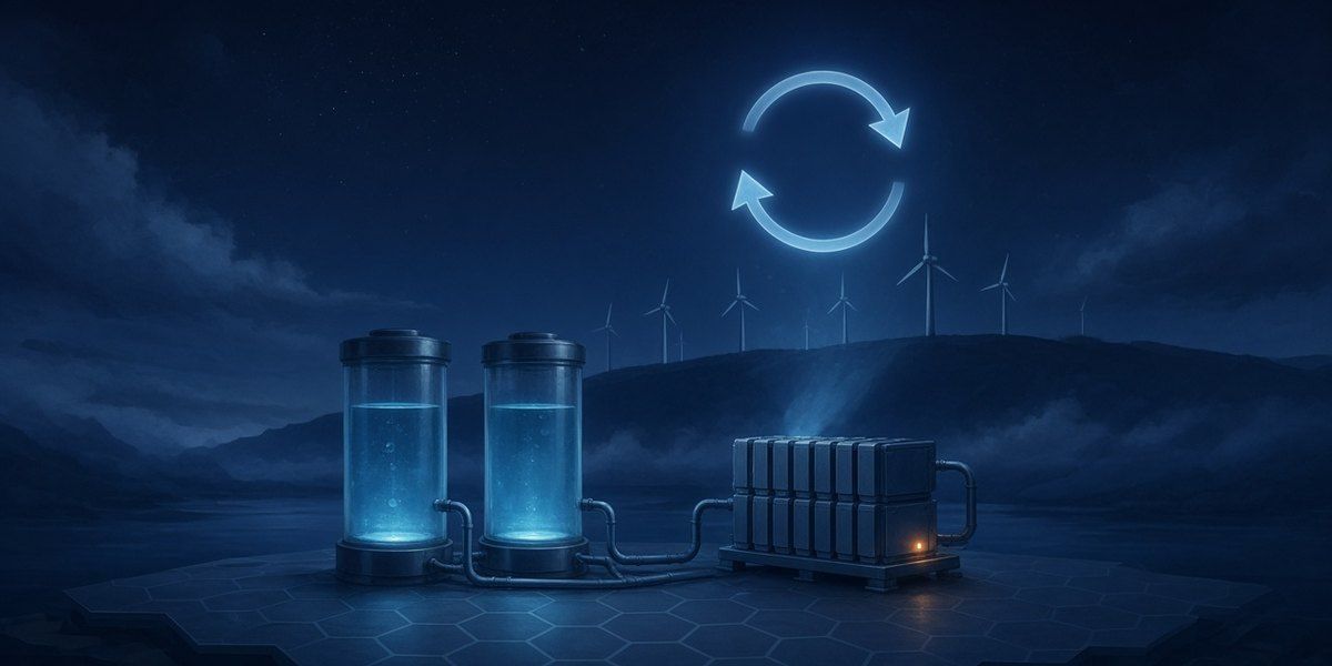 Illustration: zwei Tanks mit leuchtender Flüssigkeit, verbunden durch Leitungen mit einer Batteriezelle, darüber ein geschlossener Kreislaufpfeil aus Licht, im Hintergrund Windräder
